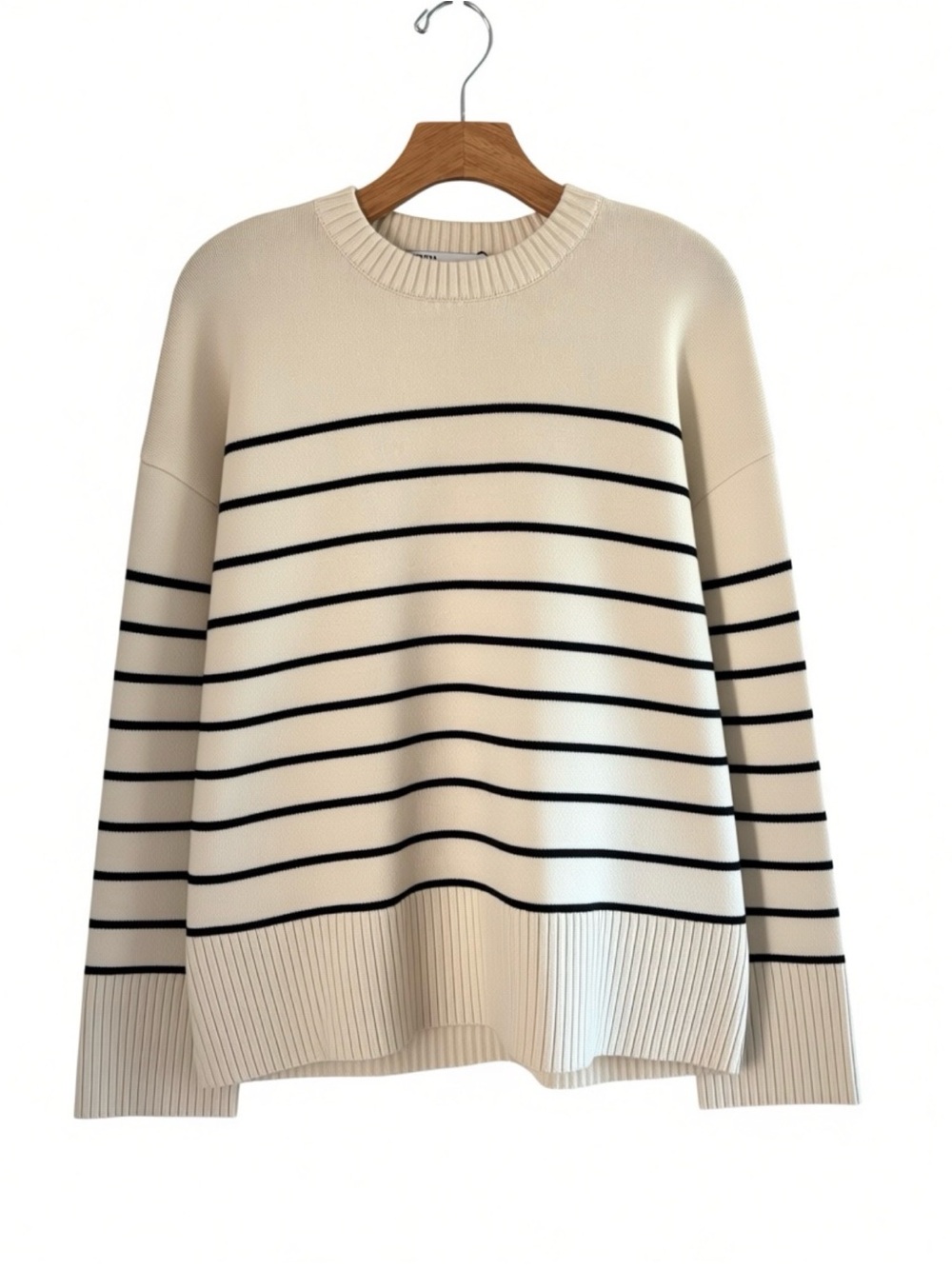 ZARA Classic Breton Stripe Knit Crewneck Sweater-Cream & Black Minimalist Size L
